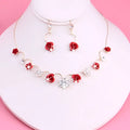 Korean small clear bride red rose necklace and earrings set with red rose and crystal accents in gold-toned metal