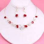 Korean small clear bride red rose necklace and earrings set with red rose and crystal accents in gold-toned metal