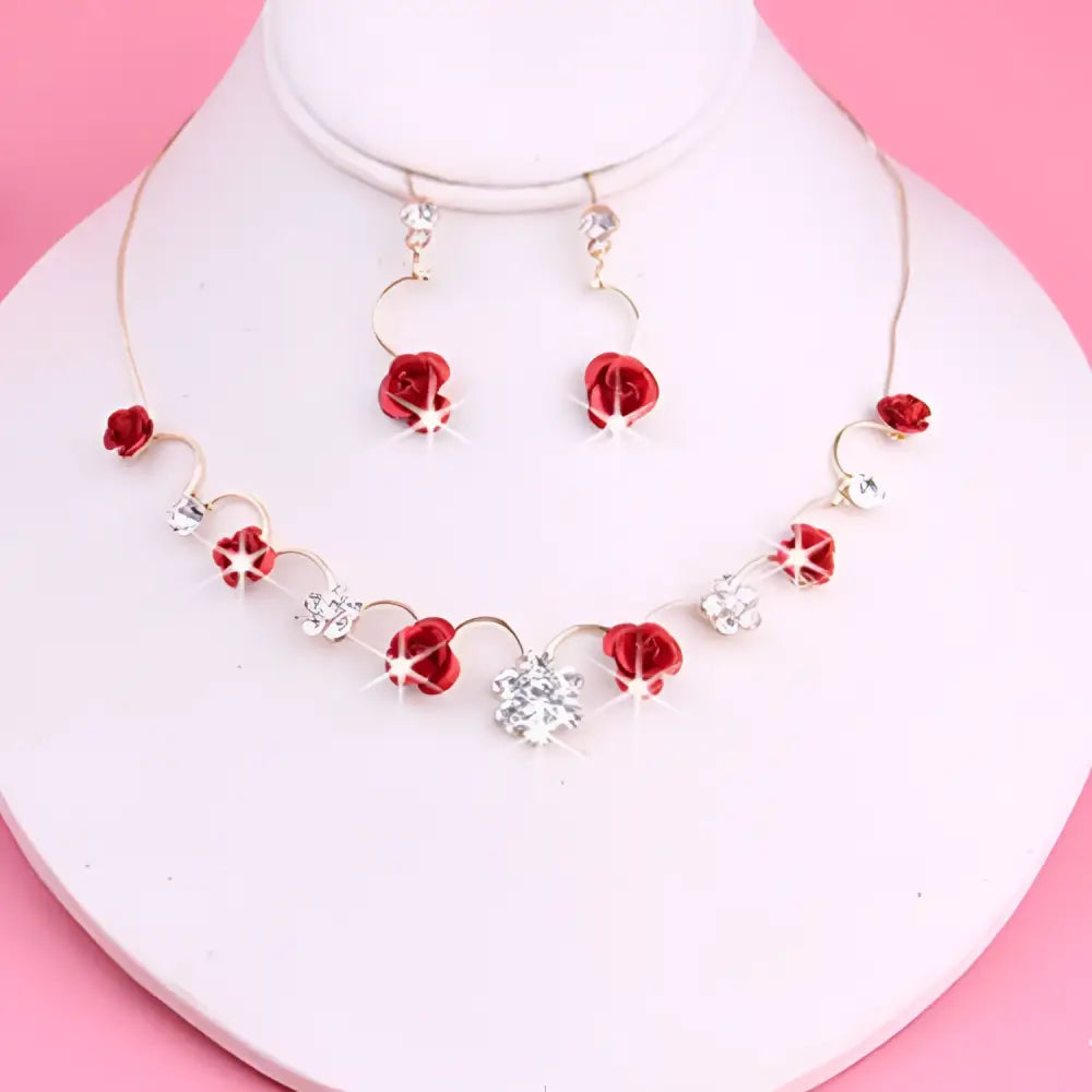 Korean small clear bride red rose necklace and earrings set with red rose and crystal accents in gold-toned metal