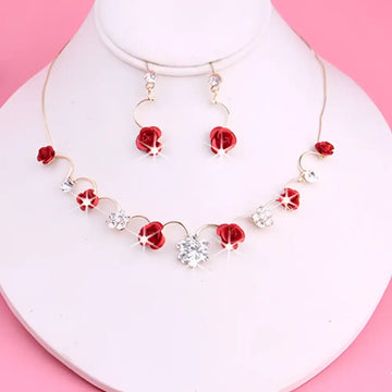 Korean small clear bride red rose necklace and earrings set with red rose and crystal accents in gold-toned metal