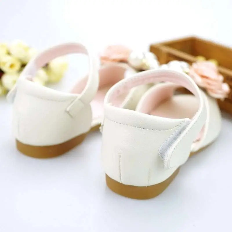 White mary jane korean style flower princess sandals with pink inner lining and velcro strap cream-colored korean style