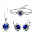 Blue crystal pendant necklace with silver-toned chain and smaller clear crystals in korean style jewelry set