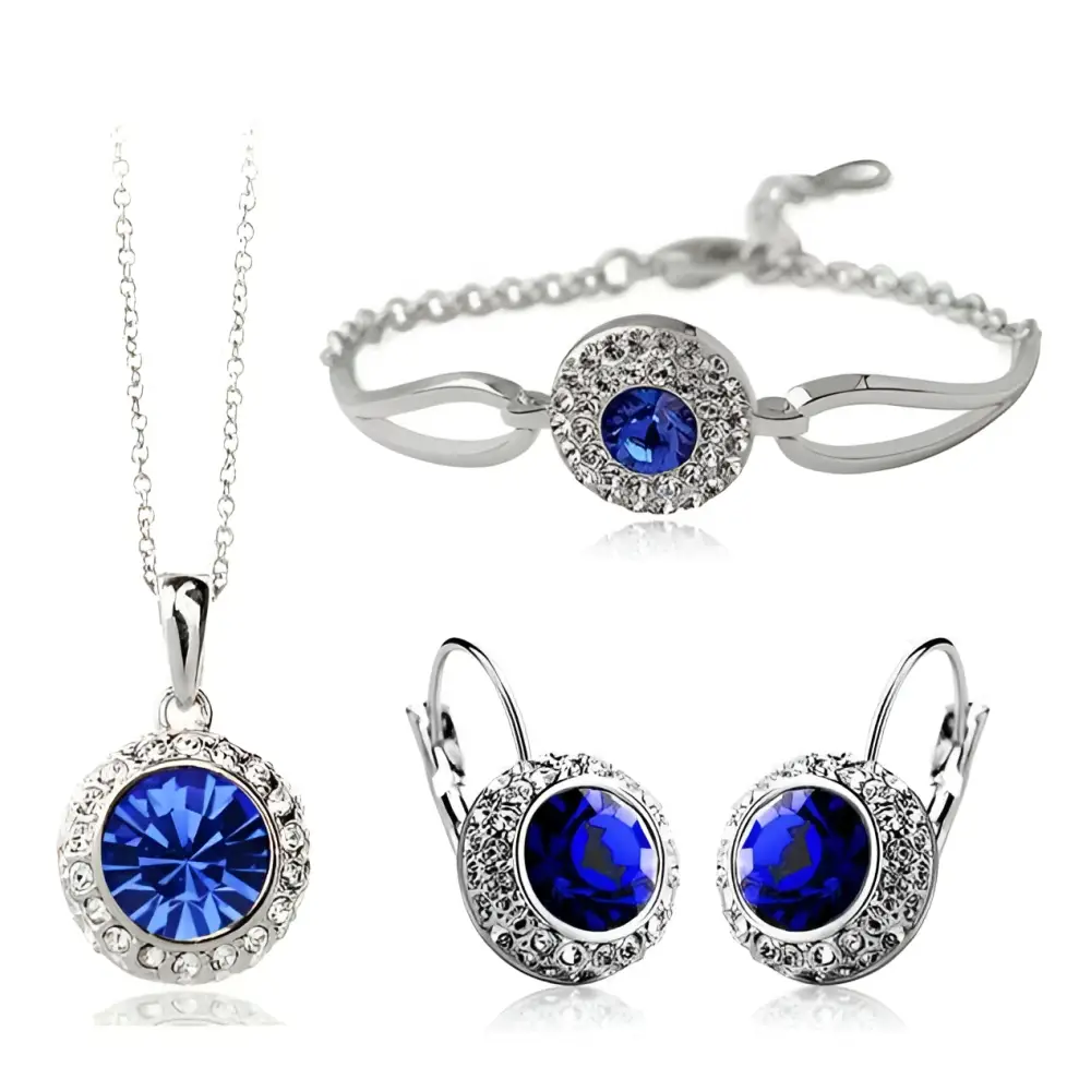 Blue crystal pendant necklace with silver-toned chain and smaller clear crystals in korean style jewelry set