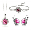 Korean style jewelry set featuring silver-toned pieces with a central pink crystal and smaller clear crystals