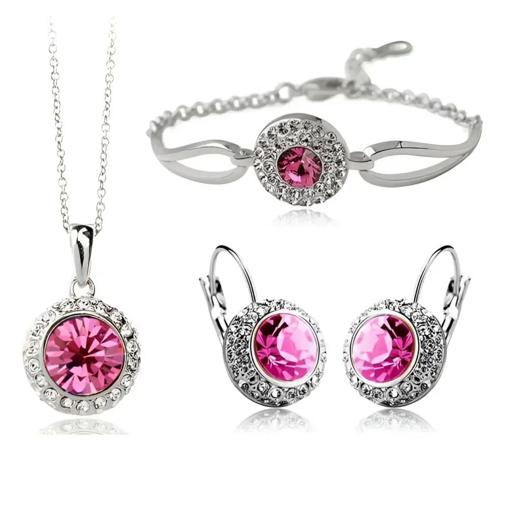 Korean style jewelry set featuring silver-toned pieces with a central pink crystal and smaller clear crystals