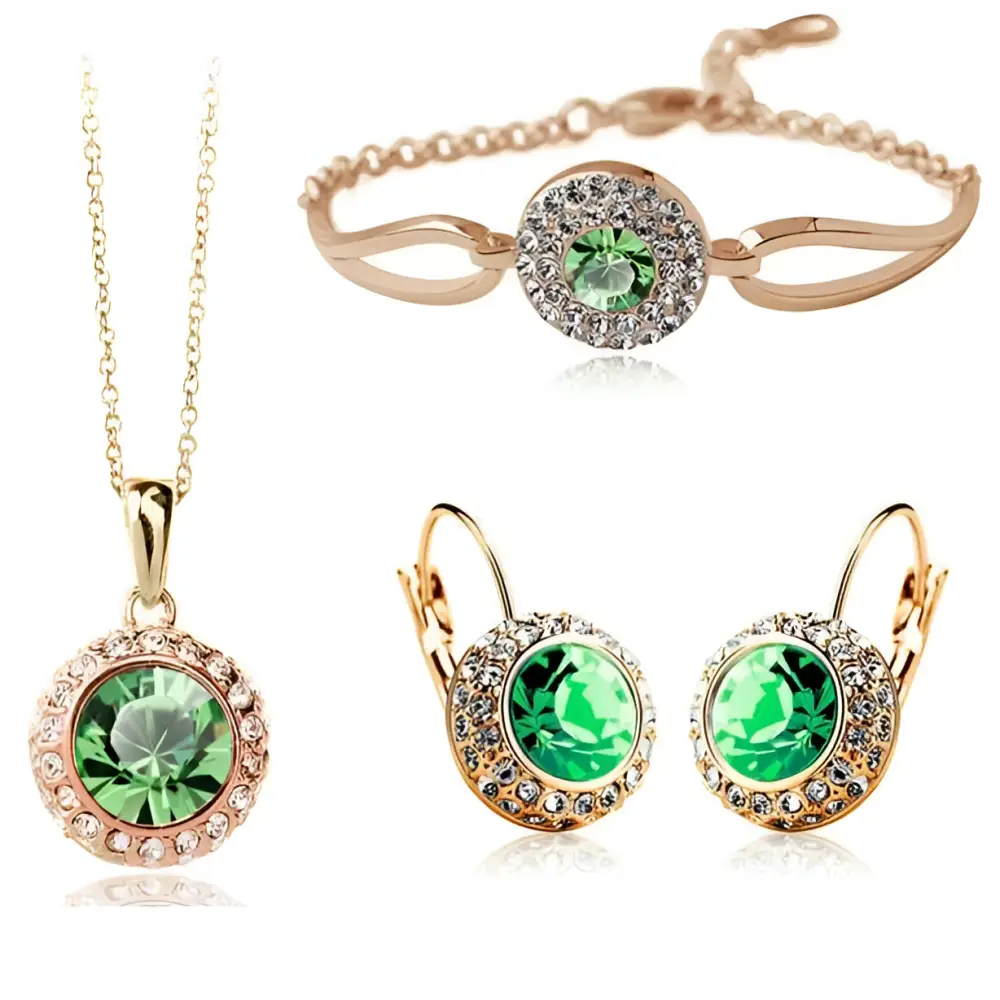Korean style jewelry set featuring silver-toned pieces with a central pink crystal and smaller clear crystals