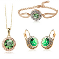 Emerald green crystal pendant necklace with rose gold-tone metal and smaller clear crystals in korean style jewelry set
