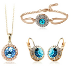 Elegant korean style jewelry set featuring rose gold and a central blue crystal with smaller clear crystals