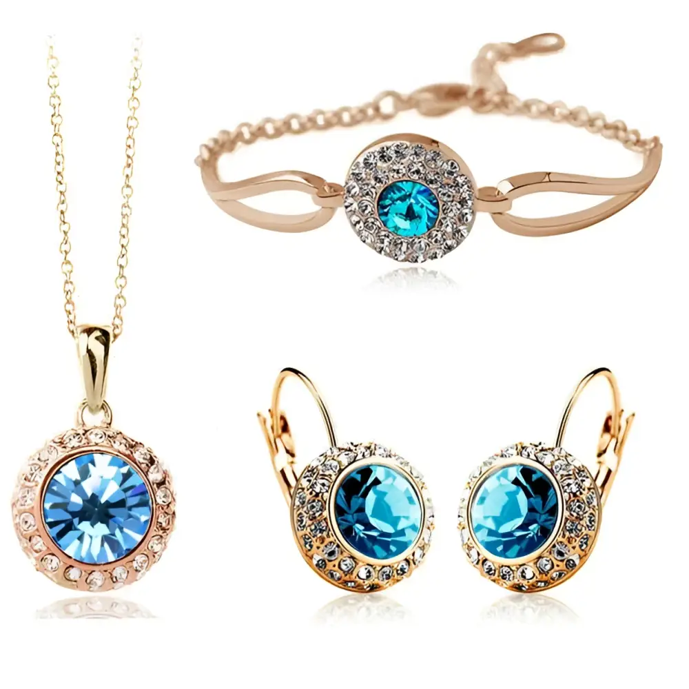 Elegant korean style jewelry set featuring rose gold and a central blue crystal with smaller clear crystals