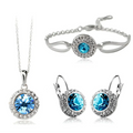 Silver-toned korean style jewelry set featuring a central blue crystal and smaller clear crystals on each piece