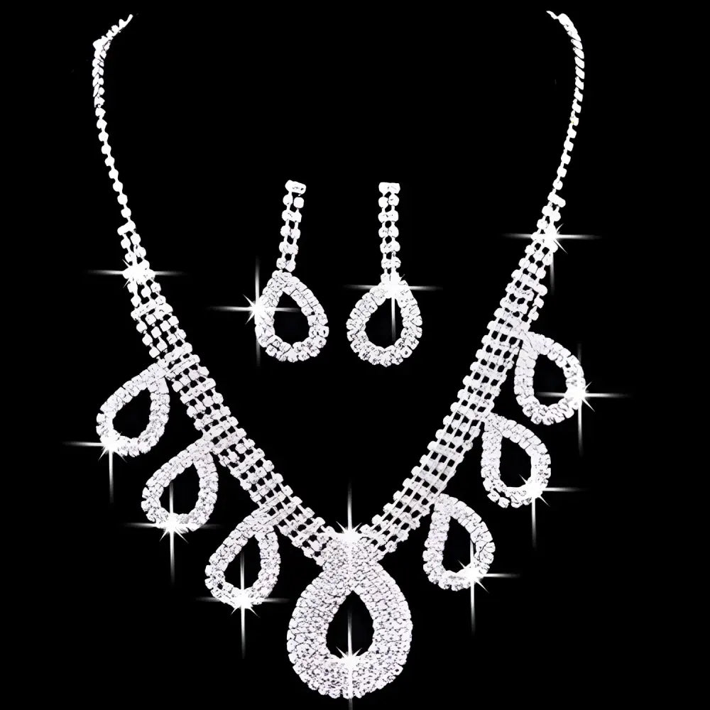 Silver rhinestone necklace set with teardrop pendant and matching earrings for korean wedding dress accessories jewelry