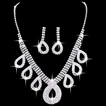 Silver rhinestone necklace set with teardrop pendant and matching earrings for korean wedding dress accessories jewelry