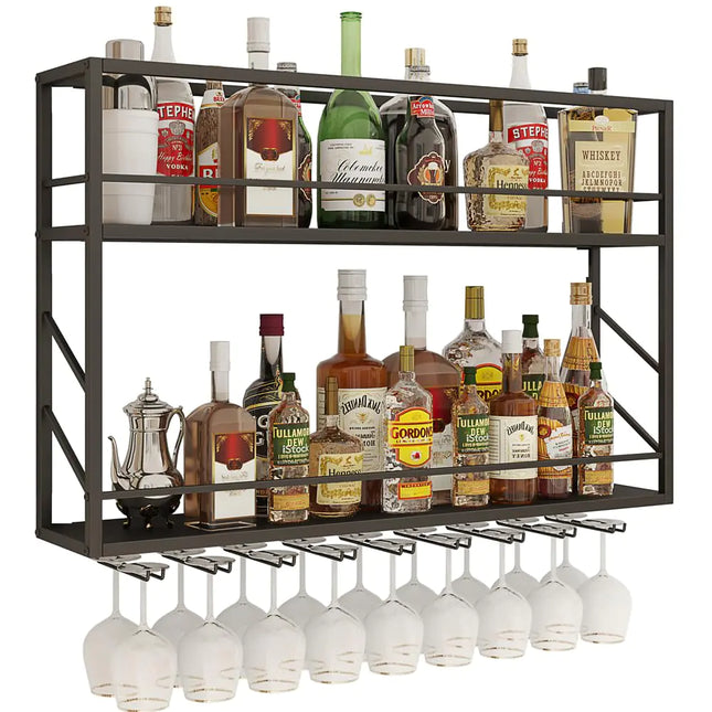 Woskar Wall Mounted Wine Rack 2 Tier Metal Bar Liquor Shelves and Glass HolderWall Bar Shelf Wine Display Storage Holder for Home Bar Dining Room Kitchen(31.4×7.8×26in) - Royalessencelux