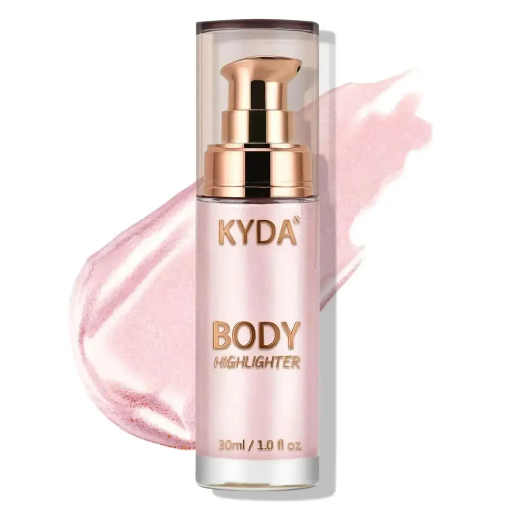 Kyda body luminizer waterproof face body glow in a sleek translucent pink bottle with rose gold pump and cap