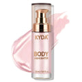 Kyda body luminizer waterproof in a translucent pink bottle with rose gold pump for face body glow sunset shine