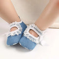 Blue denim lace bow princess shoes baby with white trim ribbon details perfect baby toddler shoes