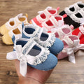 Blue denim baby toddler shoes with white lace bow detail for lace bow princess and princess shoes baby use