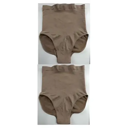 A pair of beige lace high waisted seamless waist pants made from smooth stretchy fabric for shaping and comfort