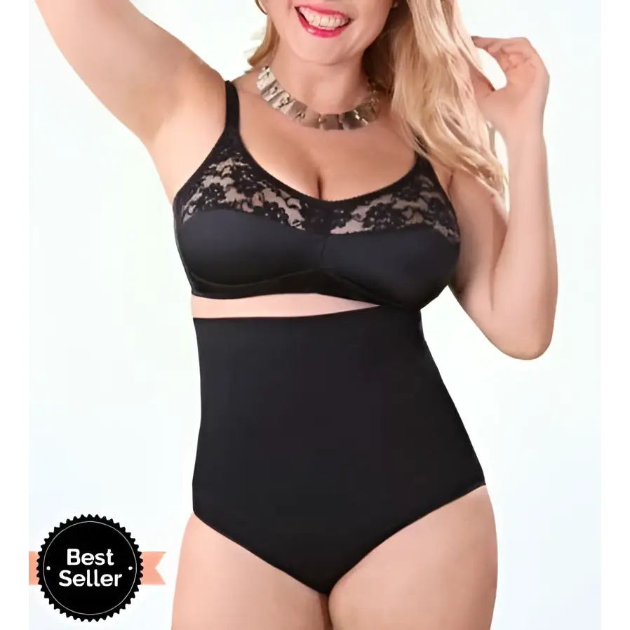 Black lace high waisted triangle seamless bodysuit featuring shapewear design and seamless waist pants styling