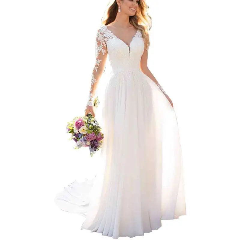 A flowing white lace long sleeve backless deep v-neckline wedding dress crafted from lightweight chiffon fabric