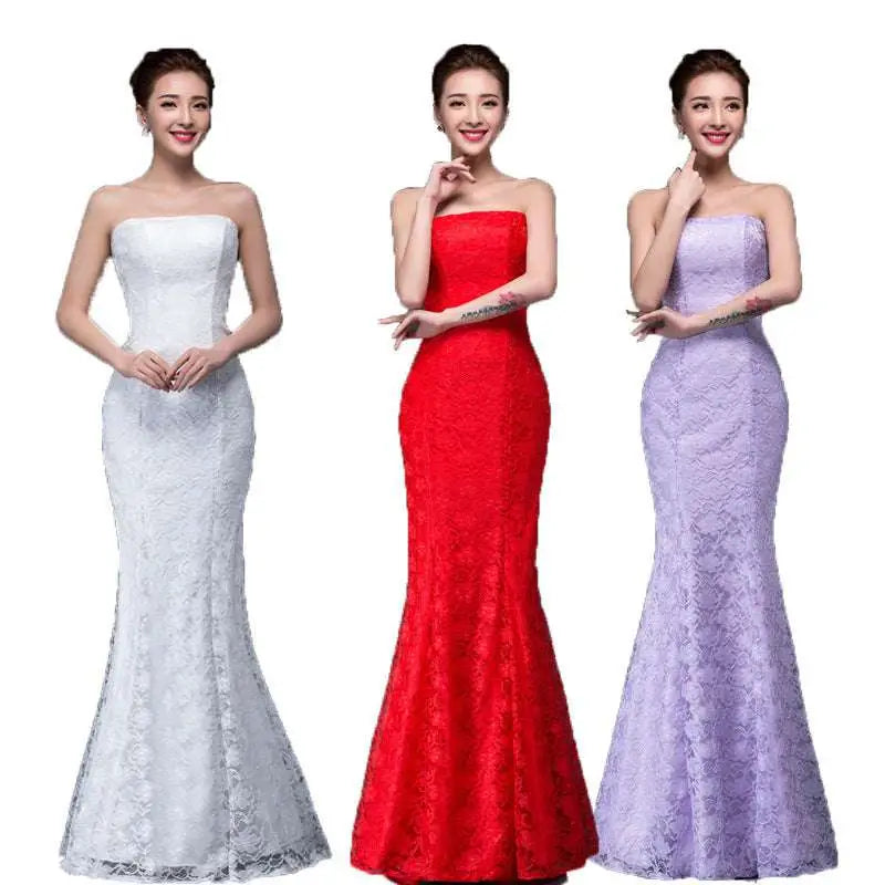 Three elegant strapless lace mermaid wedding dresses in white red and lavender with fitted bodice dress fuchsia style