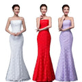 Three elegant strapless lace mermaid wedding dresses in white red and lavender with fitted bodice dress fuchsia style