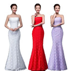 Three elegant strapless lace mermaid wedding dresses in white red and lavender with fitted bodice dress fuchsia style