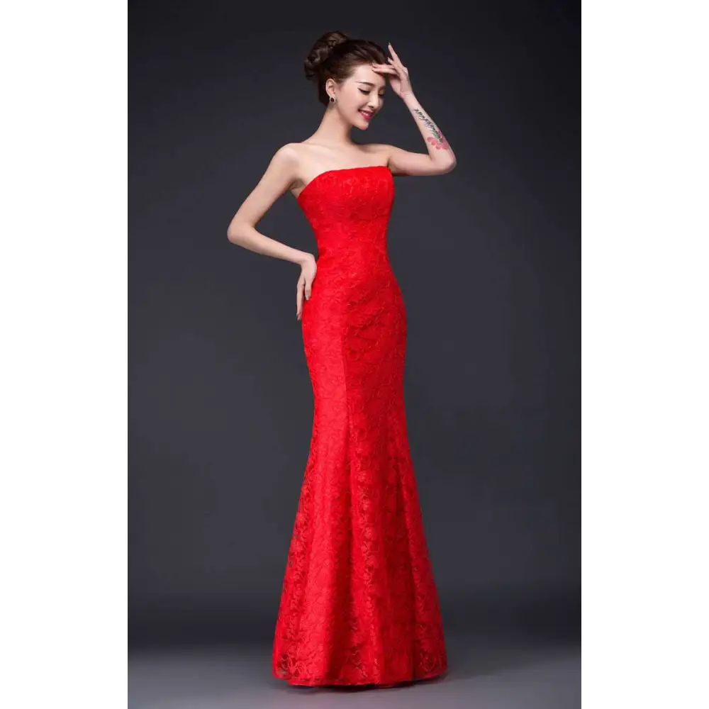 Three elegant strapless lace mermaid wedding dresses in white red and lavender with fitted bodice dress fuchsia style