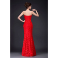 A vibrant red lace mermaid wedding dress fuchsia with a fitted bodice and back zipper detail