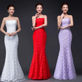 Three elegant strapless lace mermaid wedding dresses in white red and lavender with fitted bodice and dress fuchsia style