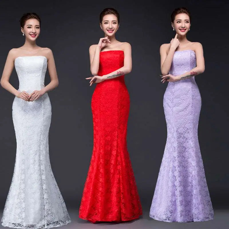 Three elegant strapless lace mermaid wedding dresses in white red and lavender with fitted bodice and dress fuchsia style