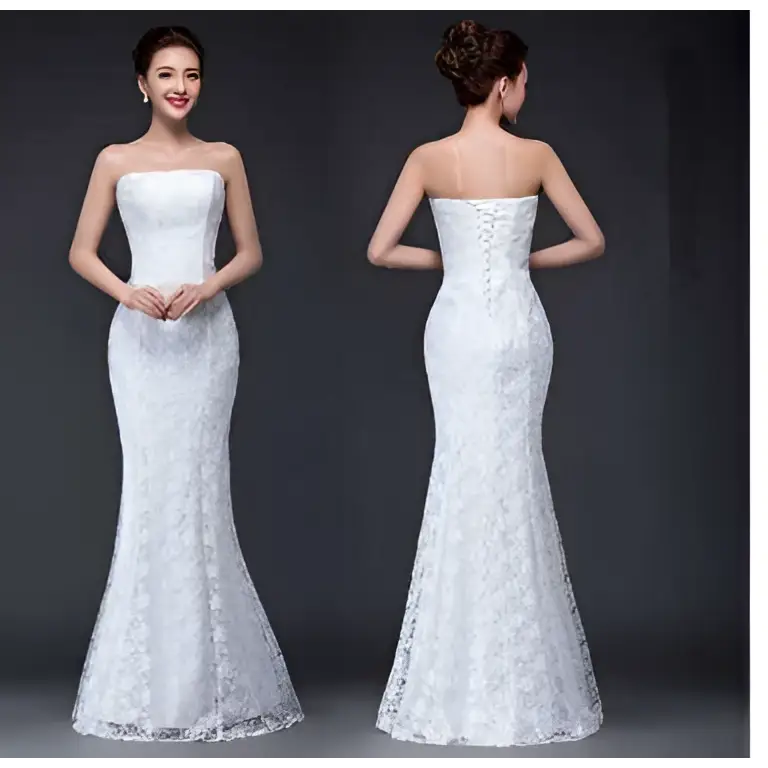 White lace mermaid wedding dress fuchsia with a strapless fitted bodice and back corset detailing visible from the back side