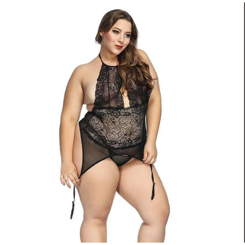 Black plus size lace bodysuit with sheer mesh panels halter necklines and adjustable thigh ties side detail