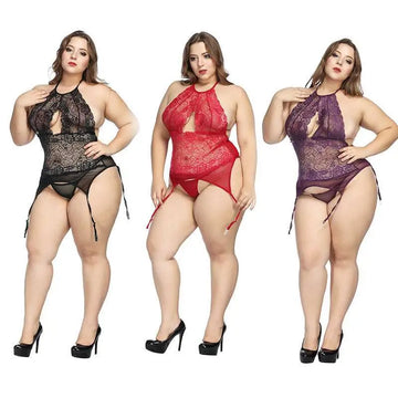 Plus size bodysuit in black red and purple lace with halter necklines and thigh ties for elegant intimate wear