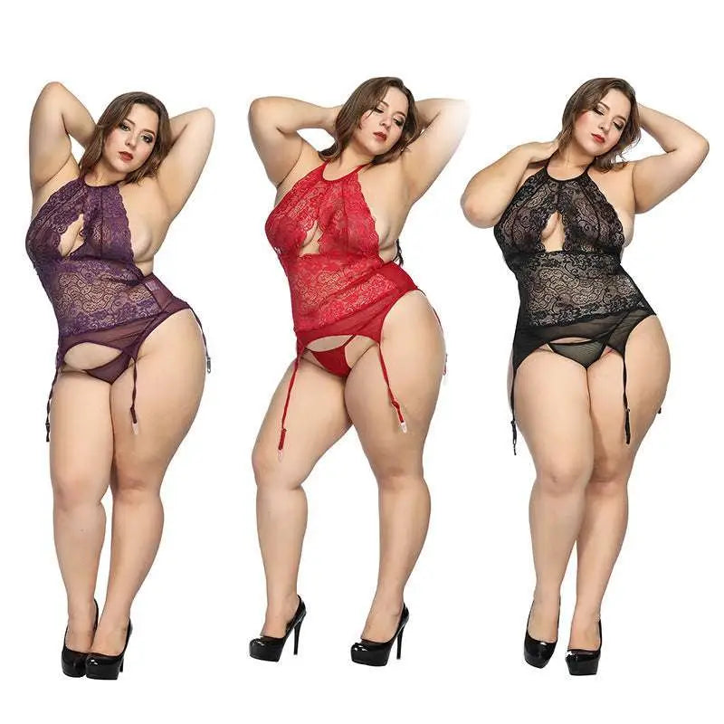 Three plus size women modeling lace plus size bodysuits with thigh ties in purple red and black featuring halter necklines