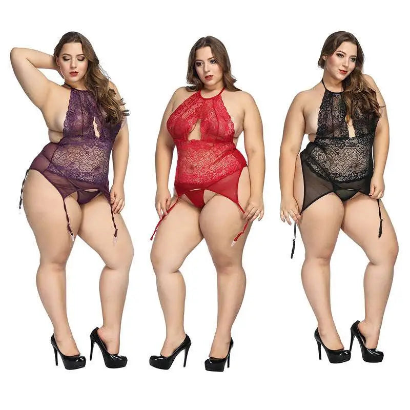 Three plus size women modeling lace plus size bodysuits with thigh ties in purple red and black featuring halter necklines