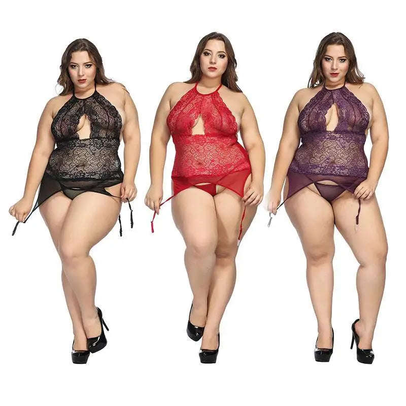 Three plus size lace bodysuits with halter necklines and thigh ties in black red and purple colors