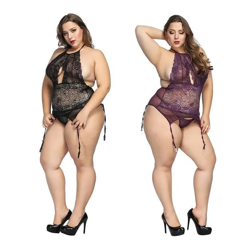 Plus size black and purple lace bodysuit with sheer mesh panels halter necklines and adjustable thigh ties