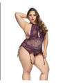 A plus size woman models a deep purple sheer lace plus size bodysuit with halter neckline and adjustable thigh ties