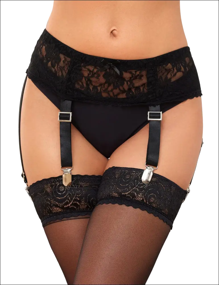 Black lace sexy garter belt with silver-toned metal clips and adjustable straps for elegant clothing design