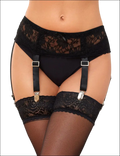 Black lace sexy garter belt with silver-toned metal clips and adjustable straps for elegant clothing design