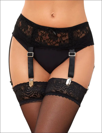 Black lace sexy garter belt with silver-toned metal clips and adjustable straps for elegant clothing design
