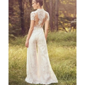 White lace bride pants suit with short sleeves and intricate floral embroidery on back and legs suit wedding jumpsuit