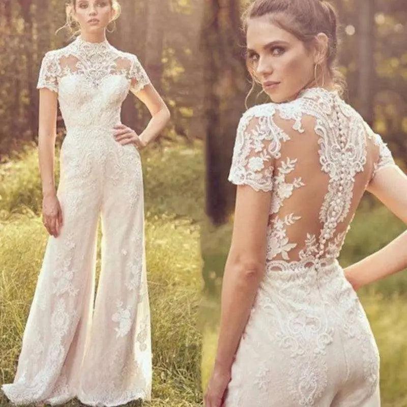 White lace bride pants suit with short sleeves high neckline and floral embroidery on back and sides suit wedding jumpsuit