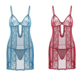 Blue and red lace sling long plus size nightdress with delicate floral mesh patterns and thin spaghetti straps