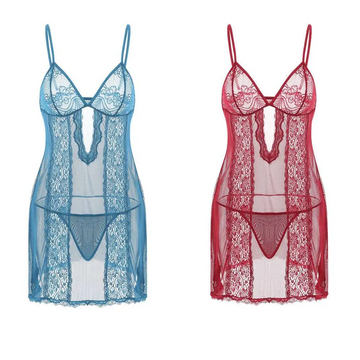 Blue and red lace sling long plus size nightdress with delicate floral mesh patterns and thin spaghetti straps