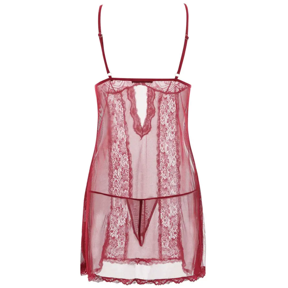 Sheer red lace sling long plus size nightdress featuring delicate floral patterns and thin spaghetti straps