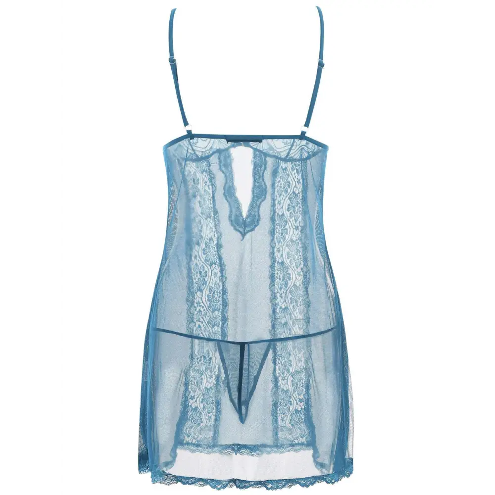A delicate blue lace sling long skirt plus size nightdress with thin straps and sheer overlay for elegant nightwear