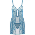 A delicate blue lace sling long plus size nightdress with thin spaghetti straps and intricate floral side patterns