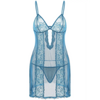 A delicate blue lace sling long plus size nightdress with thin spaghetti straps and intricate floral side patterns